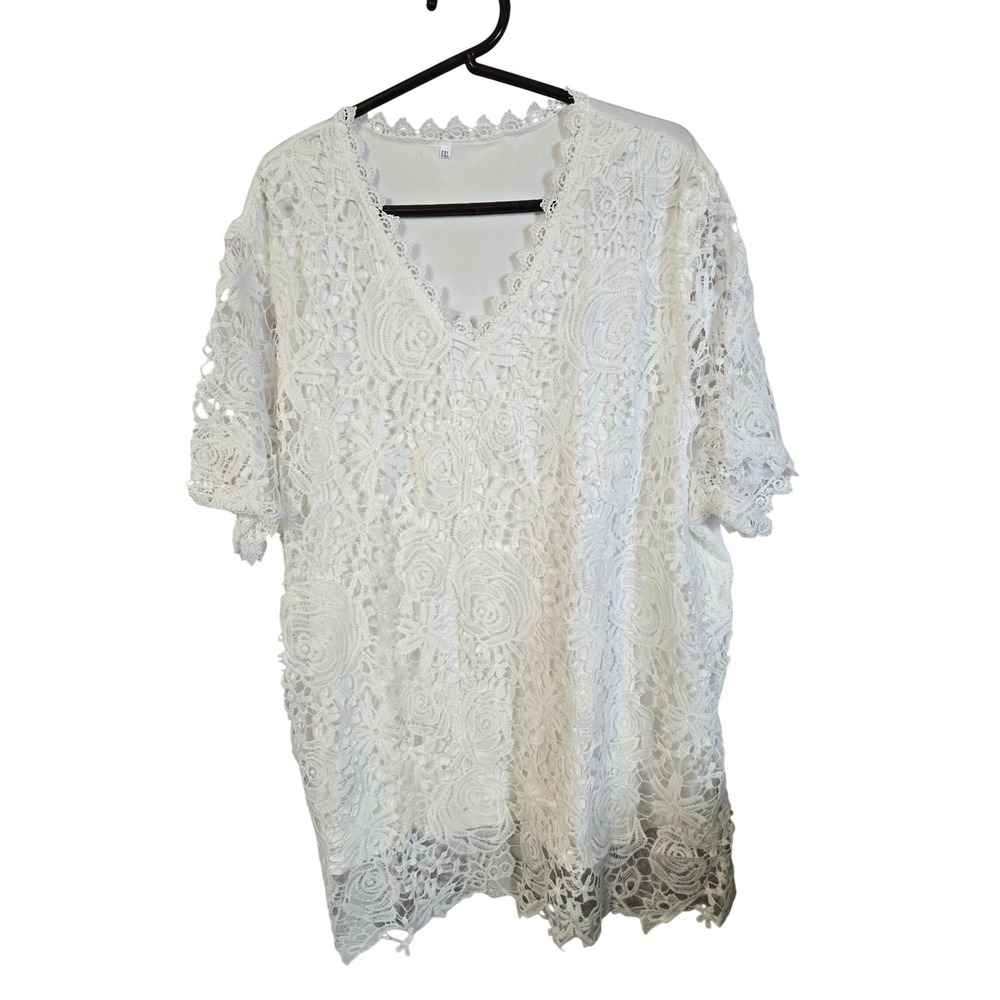 White‎ Floral Lace V-Neck Short Sleeve Blouse Plus Size 5XL Boho Scalloped Trim